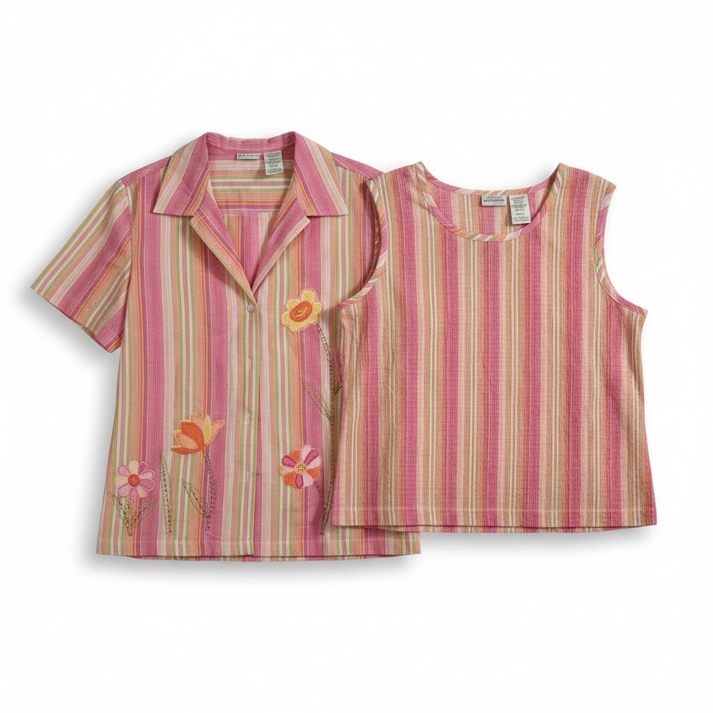 White Stag Womens Pink Striped Floral Embroidered 2 Piece Top Set Large 12-14